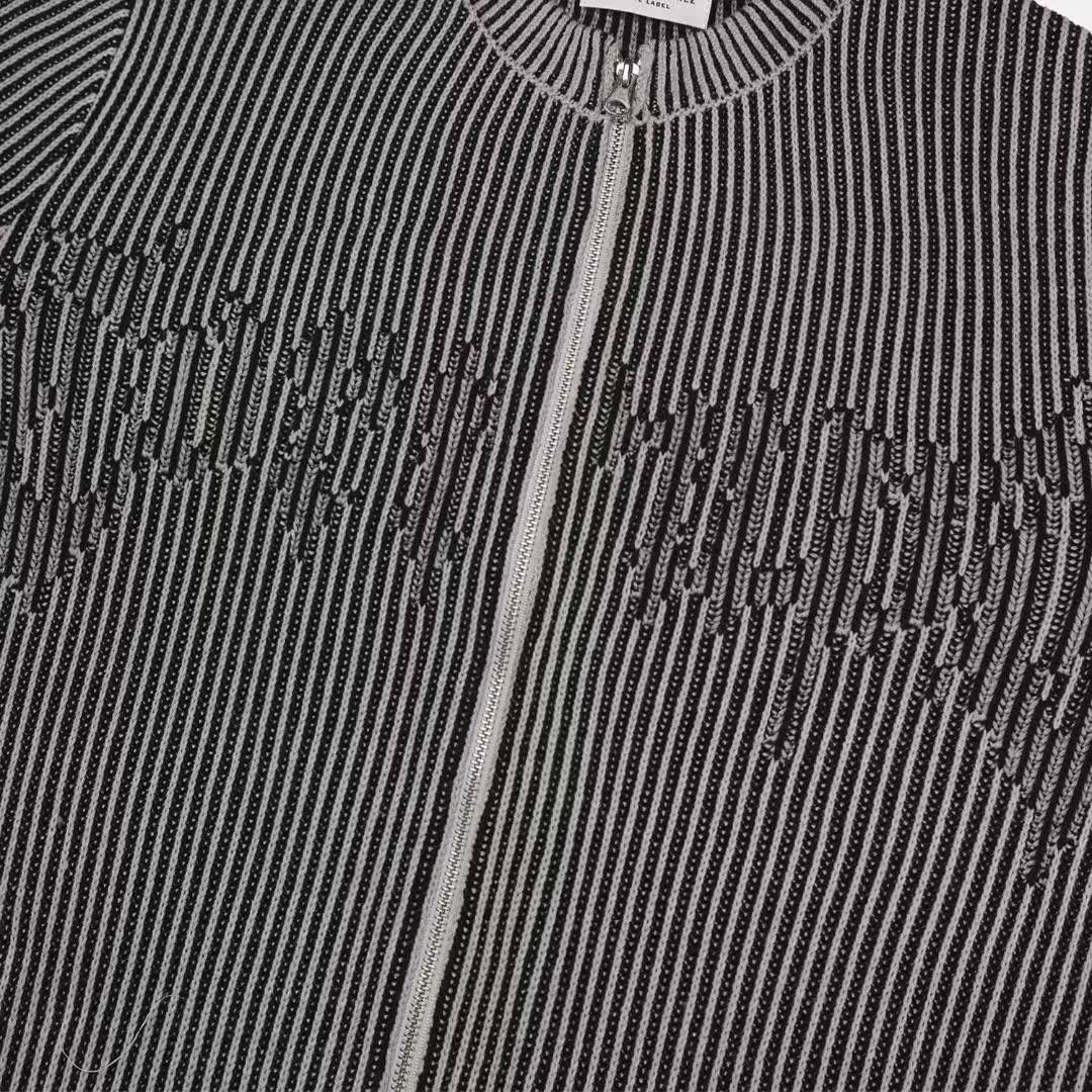 【Unisex】條紋雙拉鍊針織外套 Striped Double-Zip Knit Jacket