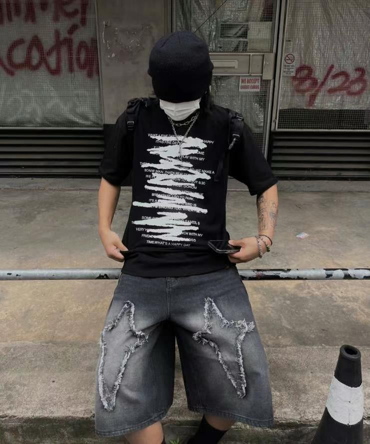 【Unisex】十字星牛仔五分褲 Cross Star Denim Pants