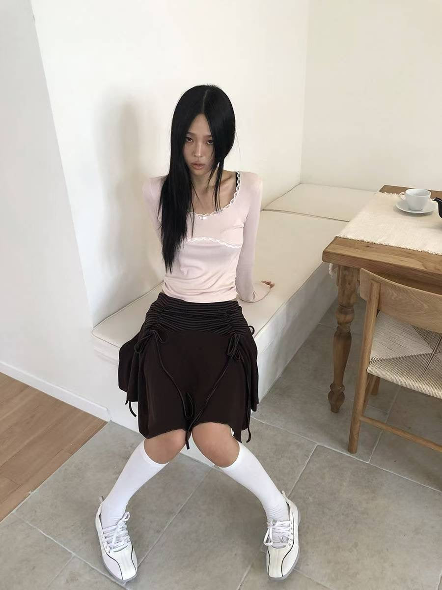 圓領蕾絲皺摺長袖上衣 Round-neck Lace Ruffle Long Sleeves Blouse