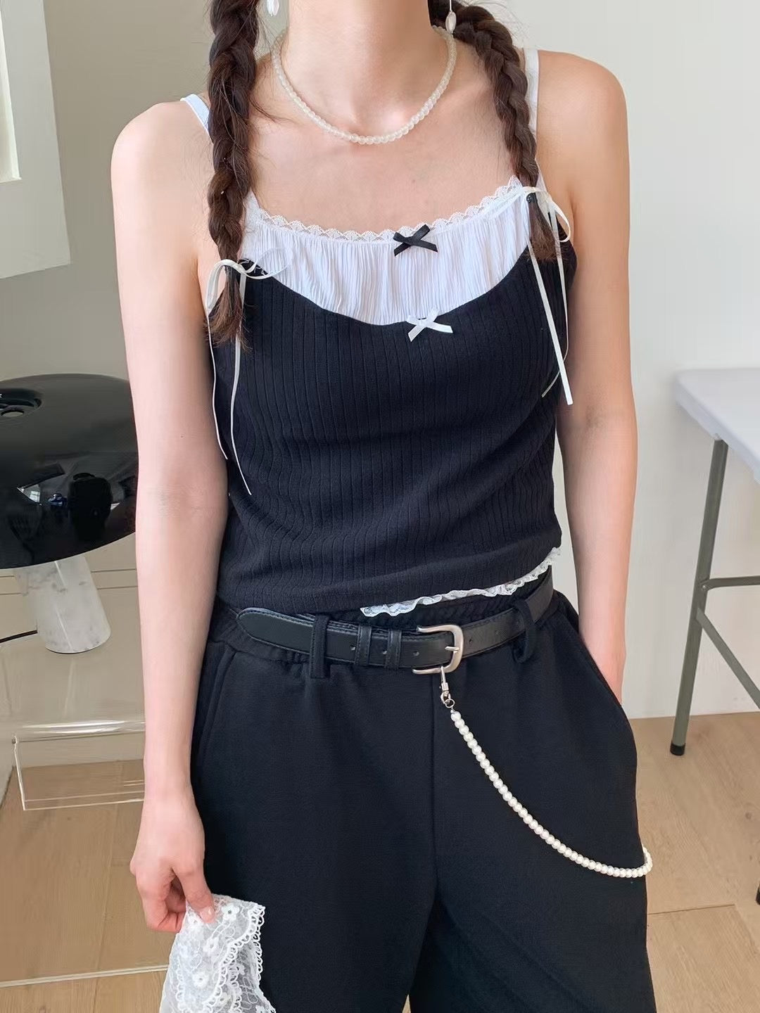 蝴蝶結蕾絲假兩件吊帶 Bow Lace Fake Two-Piece Cami Top