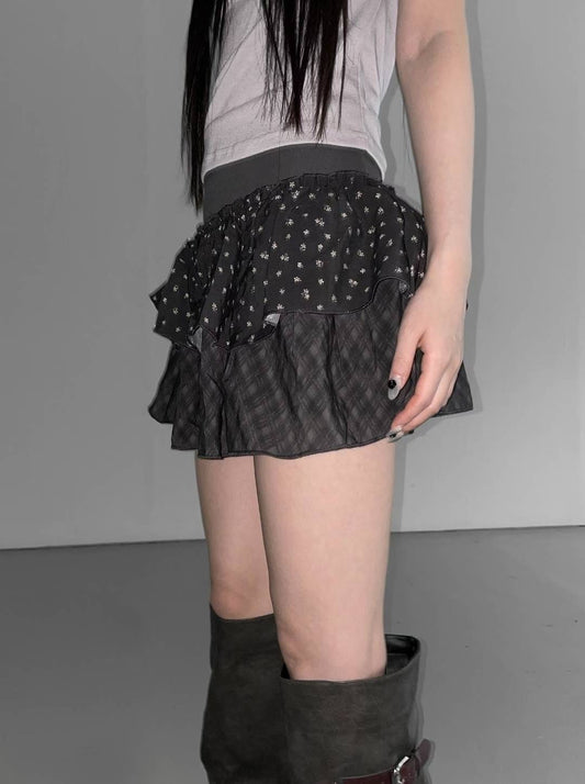 格紋碎花拼接蛋糕裙 Plaid Floral Patchwork Cake Skirt