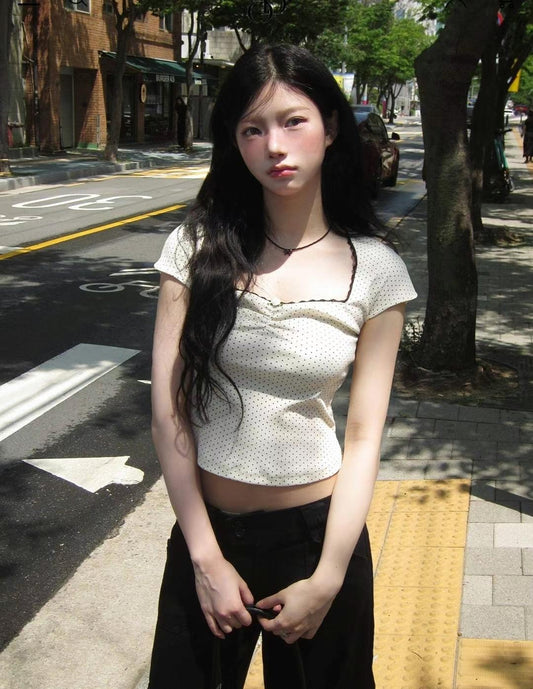 波點方領短袖上衣 Polka Dot Square Neck Short Sleeve Top