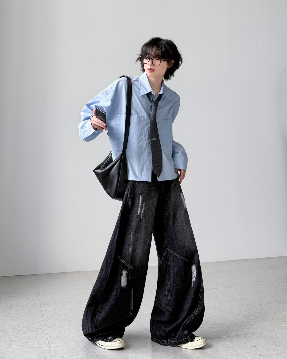 【Unisex】深色水洗彎刀牛仔褲 Dark Washed High-rise Barrel-leg Jeans