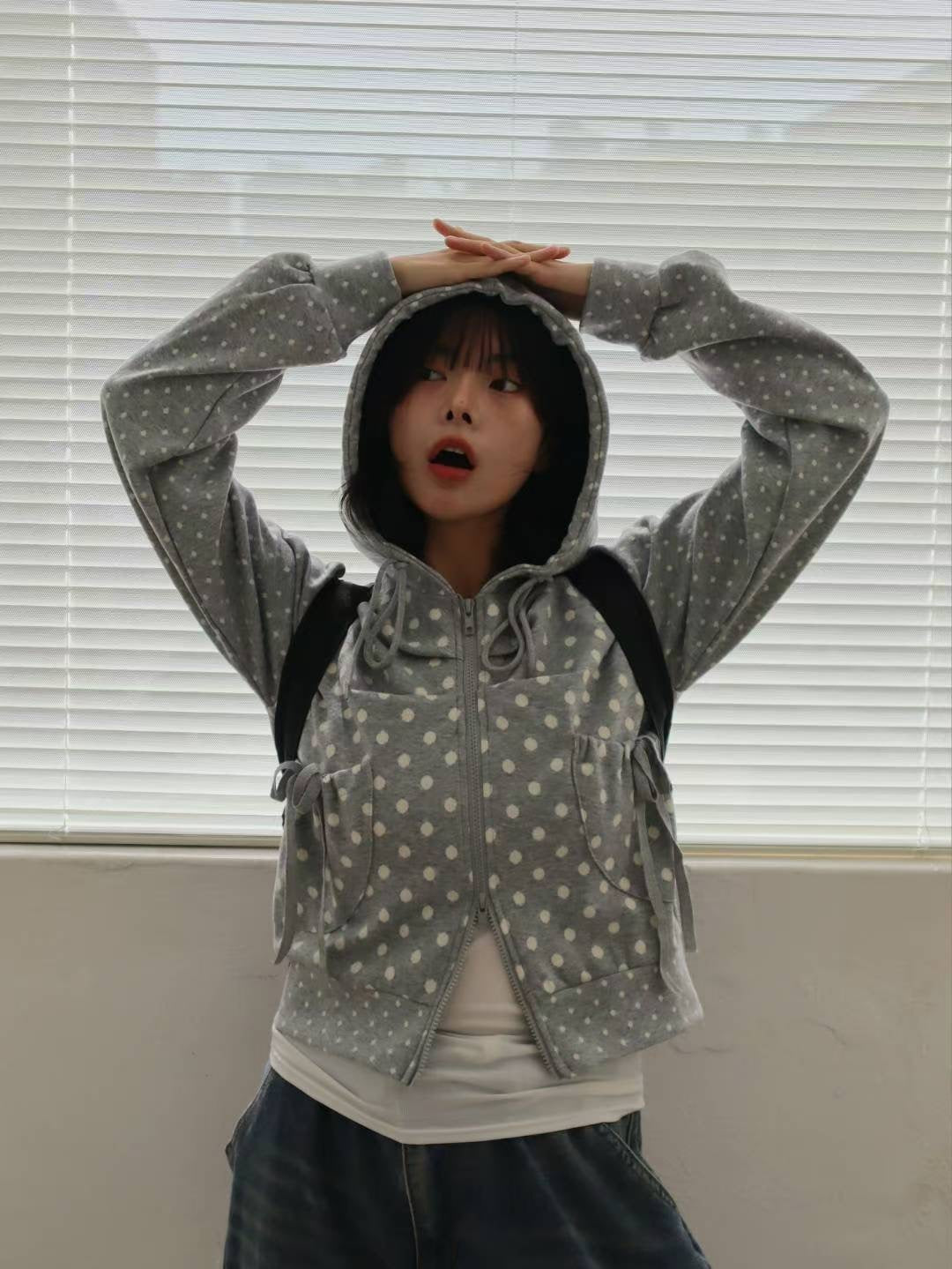 波點雙拉鍊連帽外套 Polka Dot Double Zip Hooded Jacket