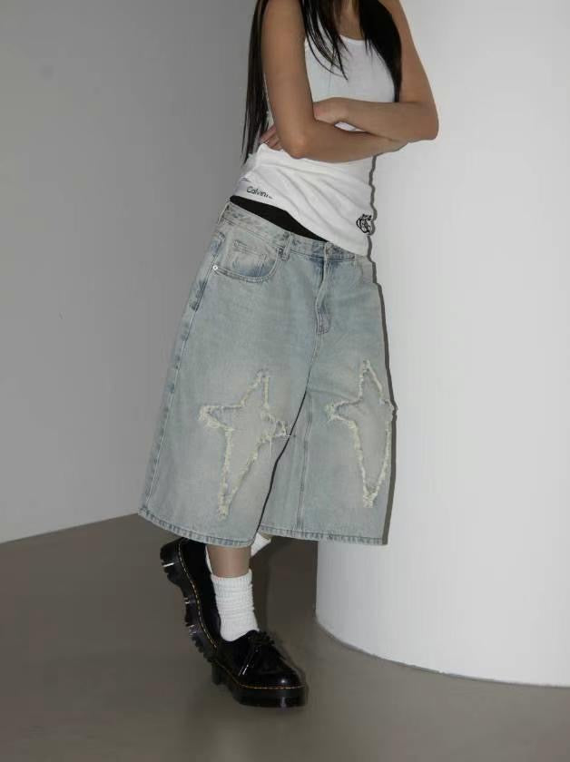 【Unisex】十字星牛仔五分褲 Cross Star Denim Pants