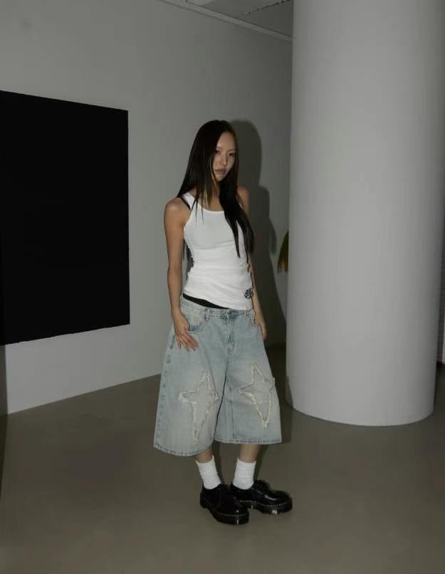 【Unisex】十字星牛仔五分褲 Cross Star Denim Pants