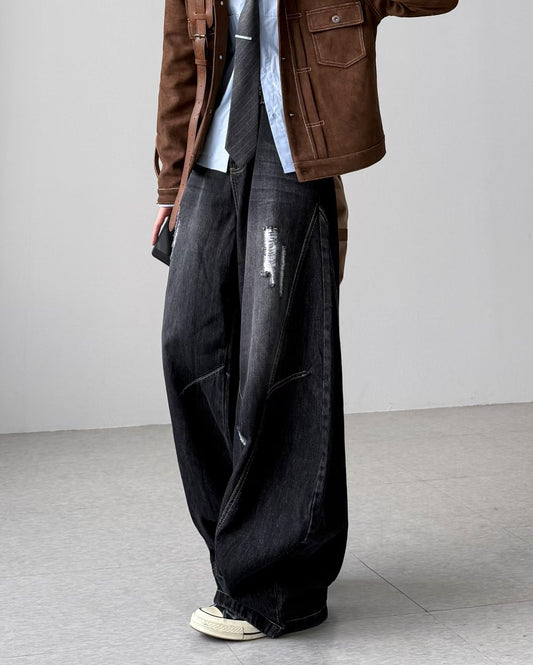 【Unisex】深色水洗彎刀牛仔褲 Dark Washed High-rise Barrel-leg Jeans