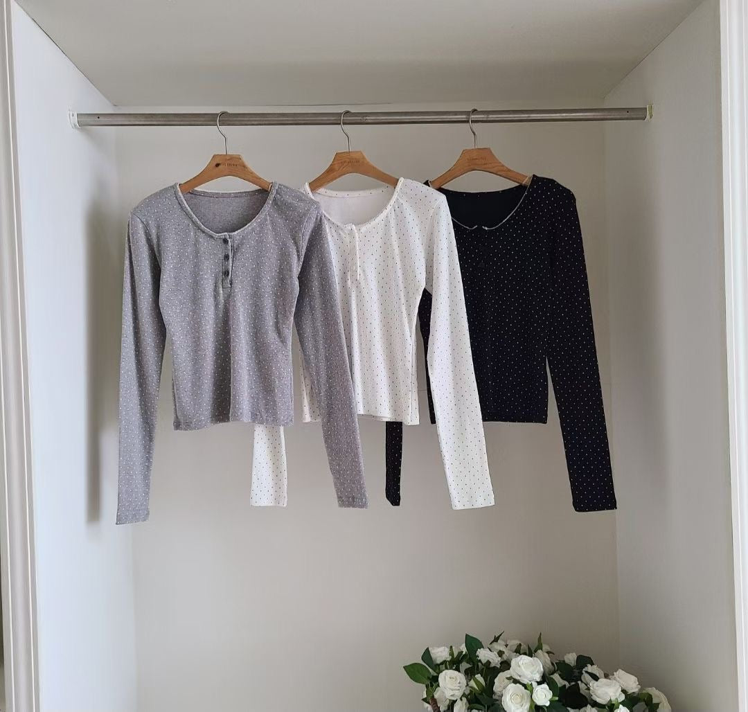 波點鈕扣長袖上衣 Polka Dot Button Long Sleeve Top
