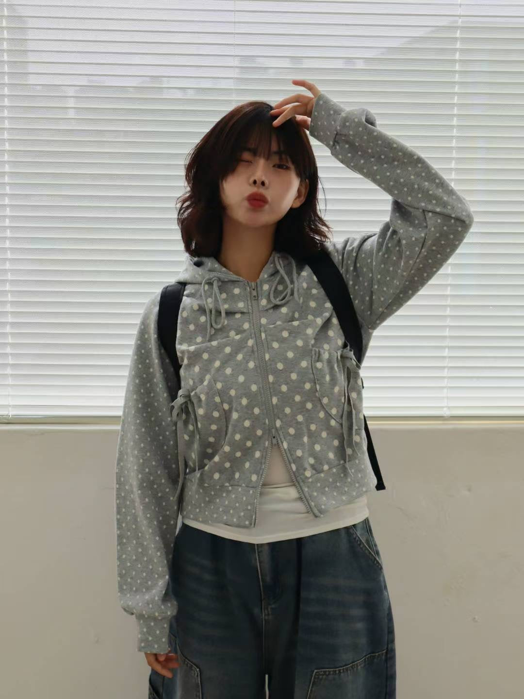波點雙拉鍊連帽外套 Polka Dot Double Zip Hooded Jacket