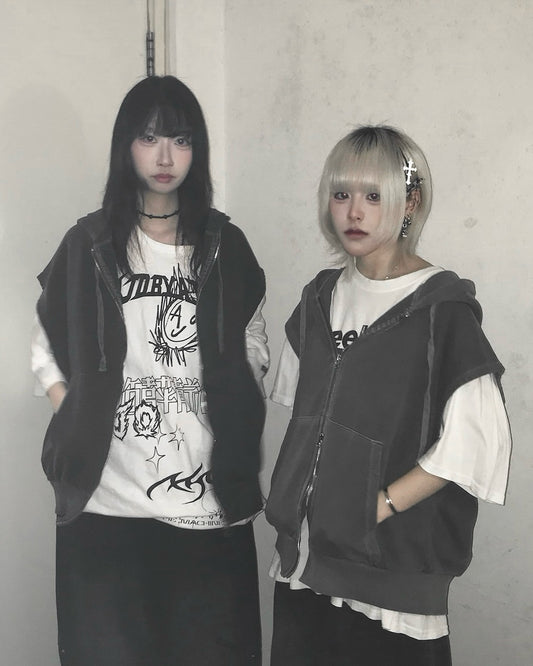【Unisex】Zip-up Hooded Sweatshirt Vest