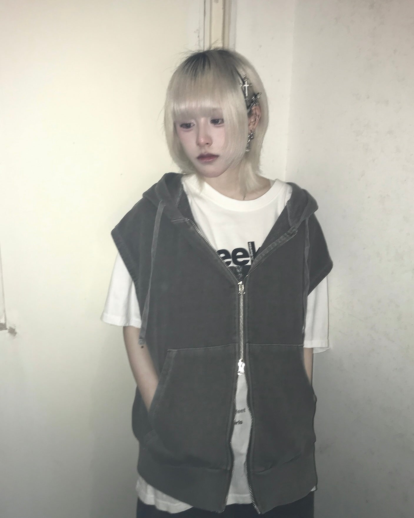 【Unisex】拉鍊連帽衛衣背心 Zip-up Hooded Sweatshirt Vest