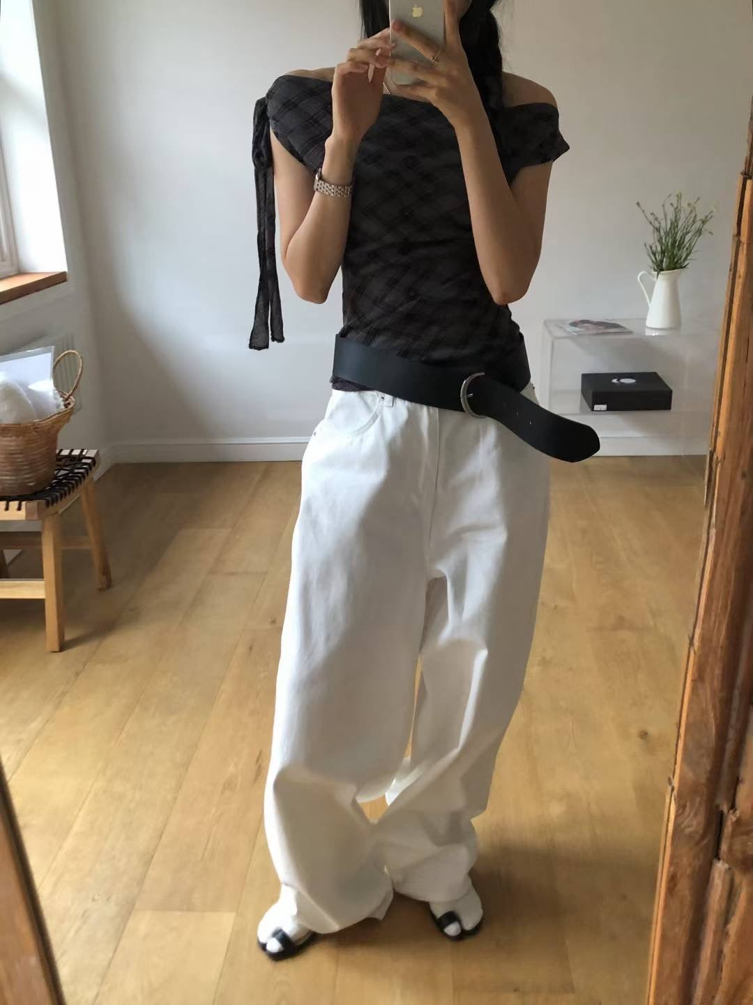 格紋綁帶露肩上衣 Check Tie Off Shoulder Top