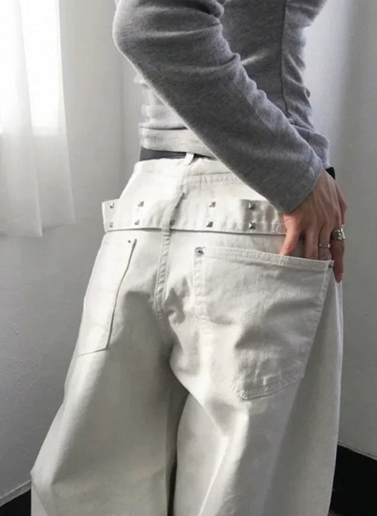鉚釘腰帶彎刀褲 Rivet Belt Embroidery Wide Pants