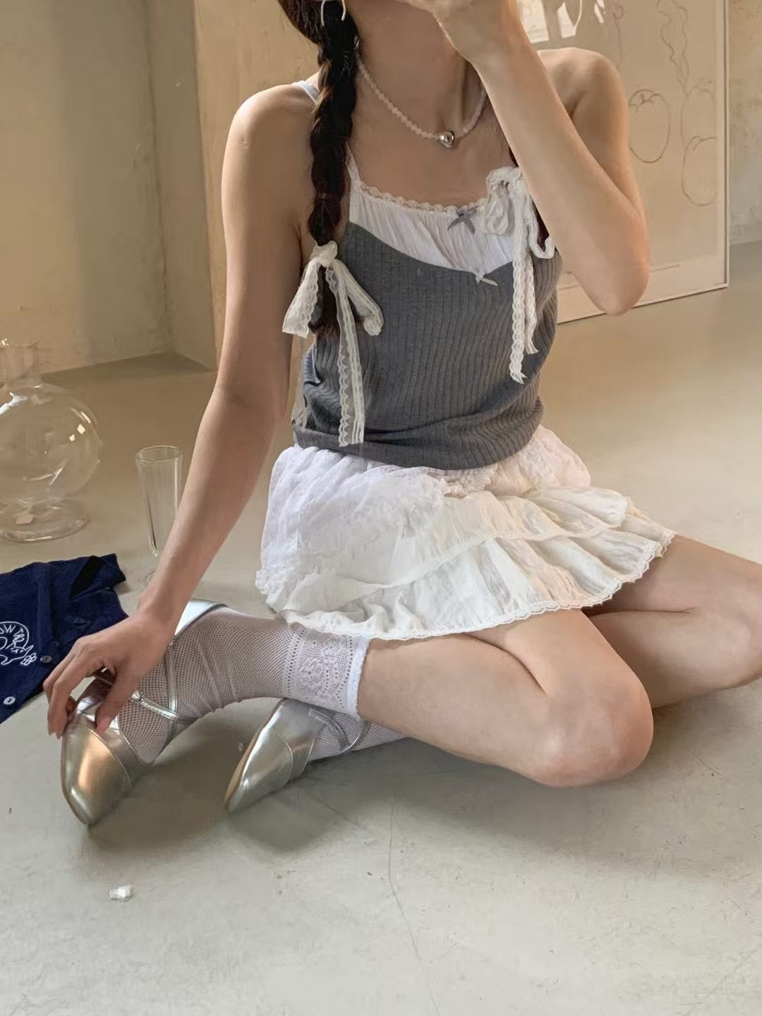蝴蝶結蕾絲假兩件吊帶 Bow Lace Fake Two-Piece Cami Top