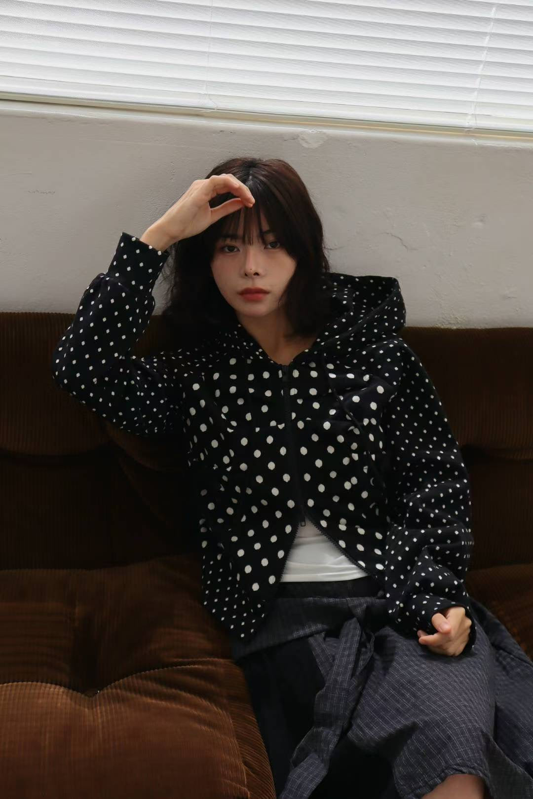 波點雙拉鍊連帽外套 Polka Dot Double Zip Hooded Jacket