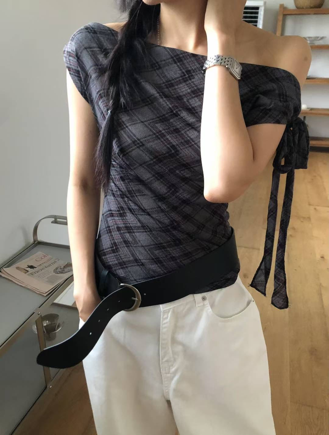 格紋綁帶露肩上衣 Check Tie Off Shoulder Top