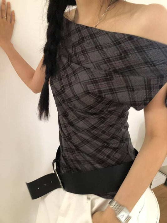 格紋綁帶露肩上衣 Check Tie Off Shoulder Top