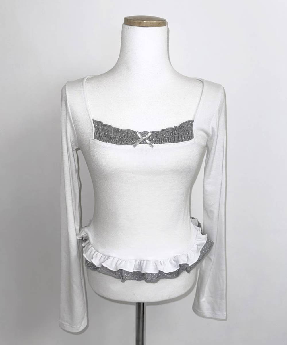 假兩件方領長袖上衣 Square Neck Fake Two-Piece Long-Sleeved Top