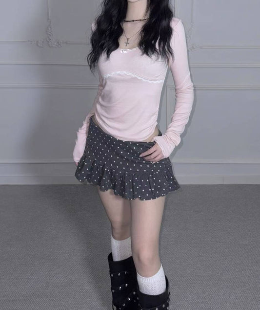 圓領蕾絲皺摺長袖上衣 Round-neck Lace Ruffle Long Sleeves Blouse