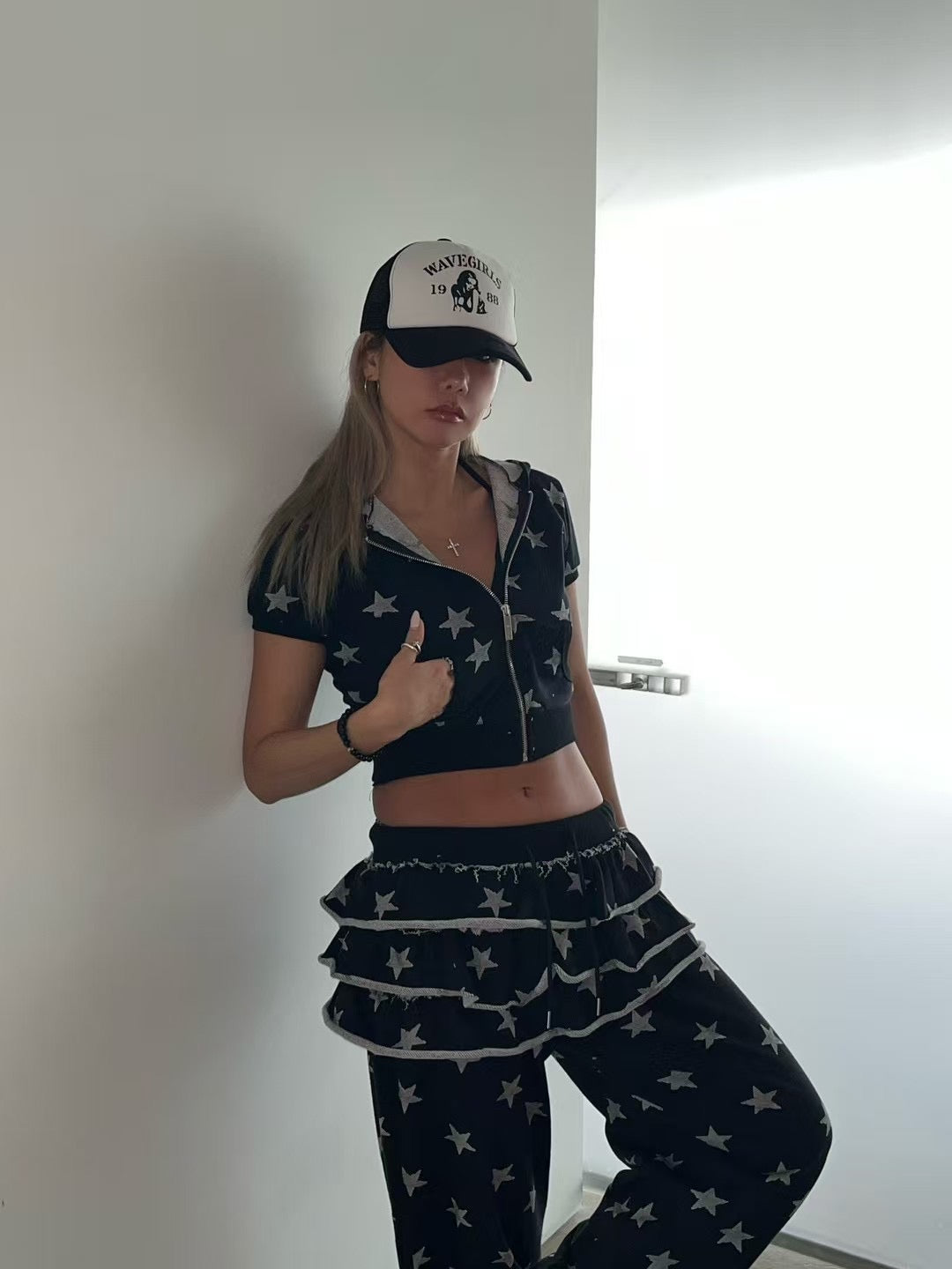 星星印花連帽短袖上衣 Star Print Hooded Short Sleeve Top