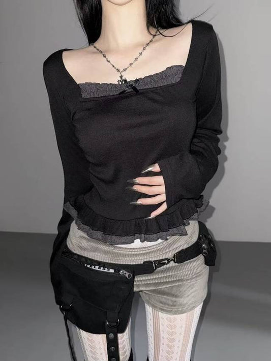 假兩件方領長袖上衣 Square Neck Fake Two-Piece Long-Sleeved Top