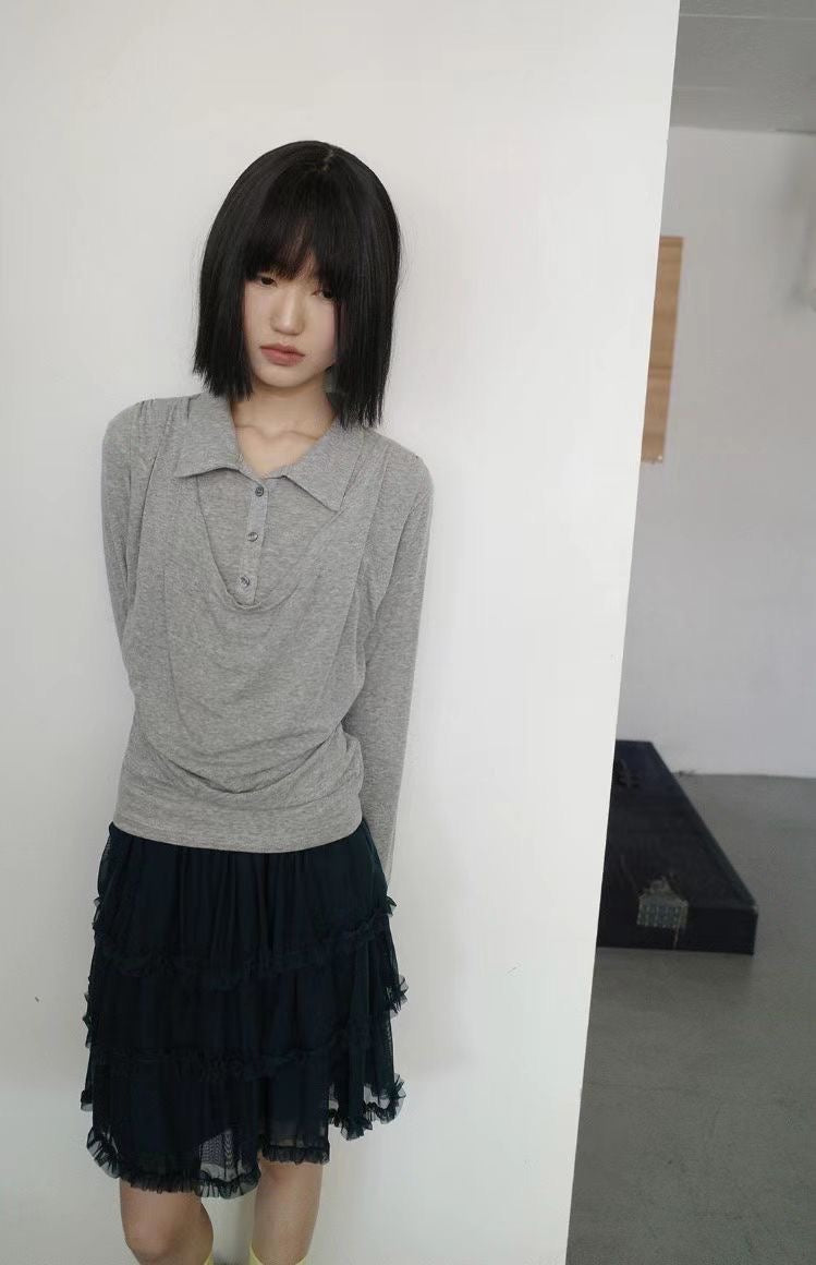 蕩領鈕扣長袖上衣 Cowl NecK Long-Sleeved Button top