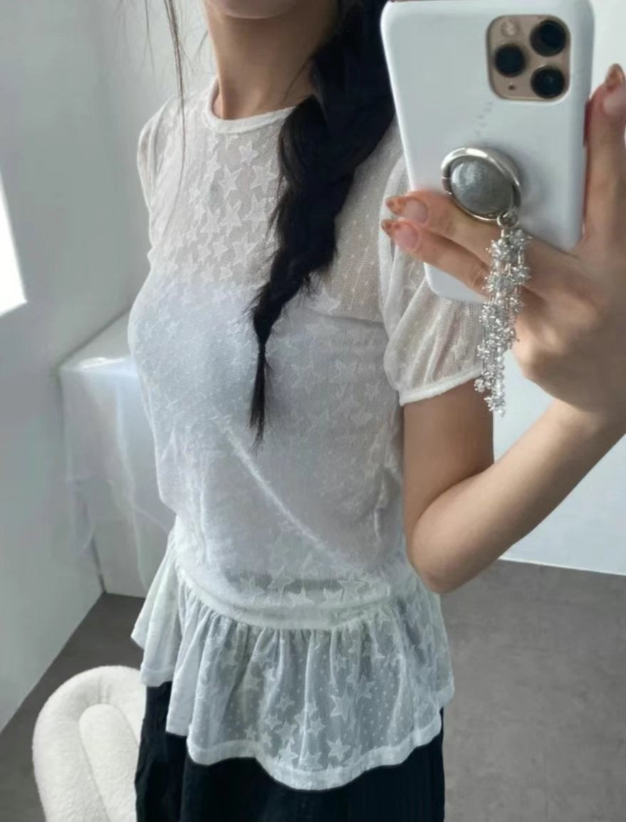 星星蕾絲透膚短袖罩衣 Star Lace Sheer Short Sleeve Top