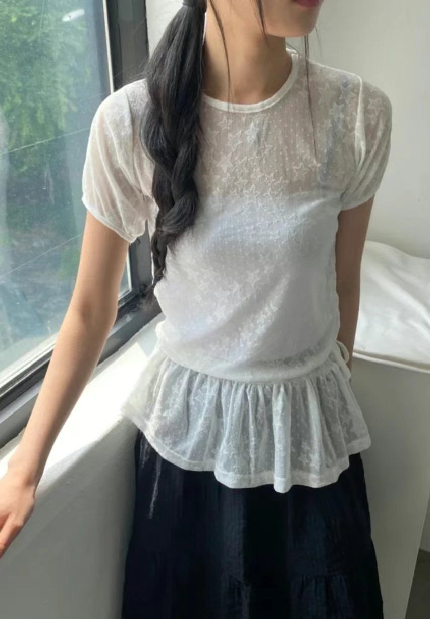 星星蕾絲透膚短袖罩衣 Star Lace Sheer Short Sleeve Top