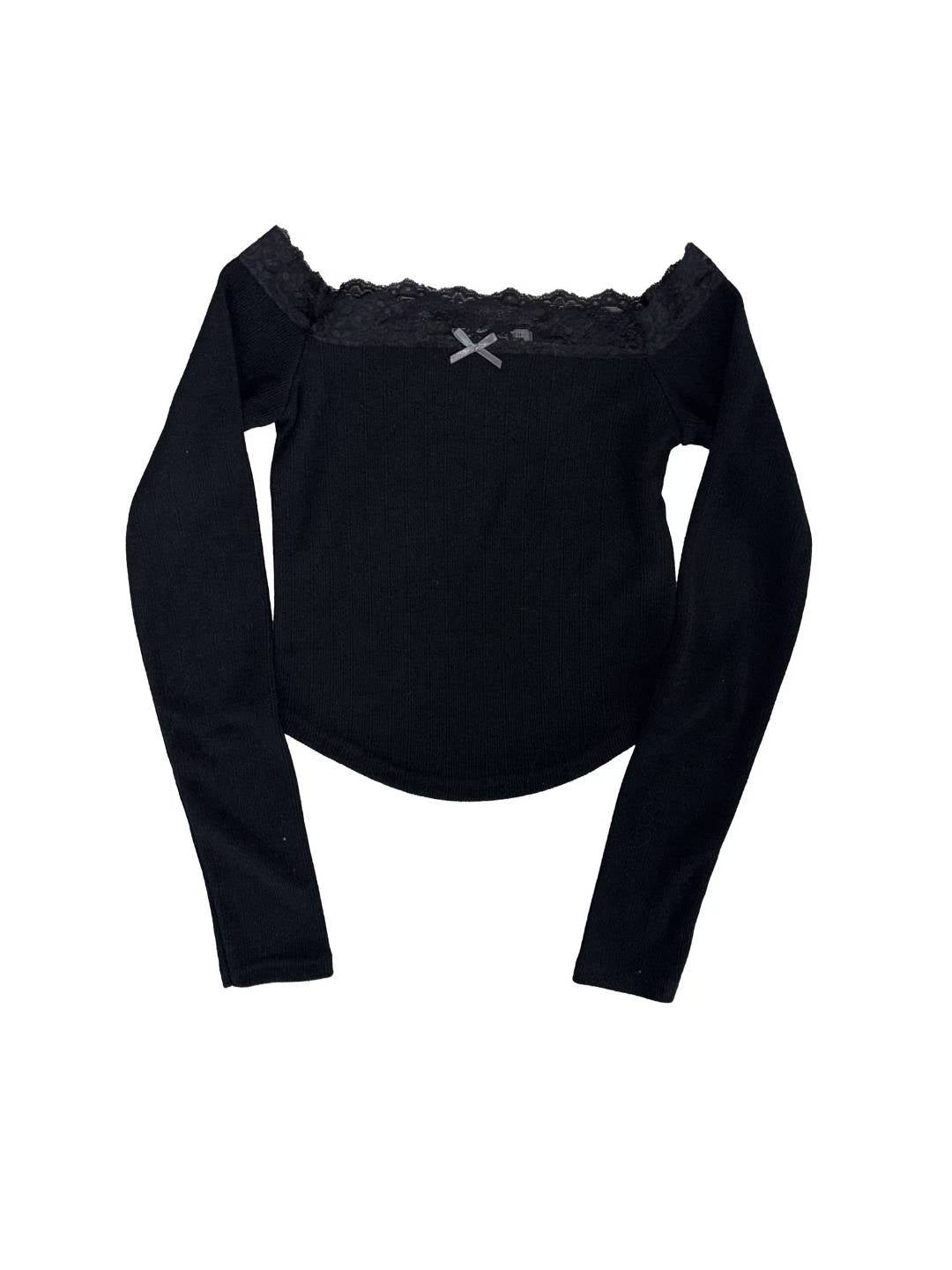 蕾絲蝴蝶結一字肩長袖上衣Lace Bow One-Shoulder Long-Sleeved Top