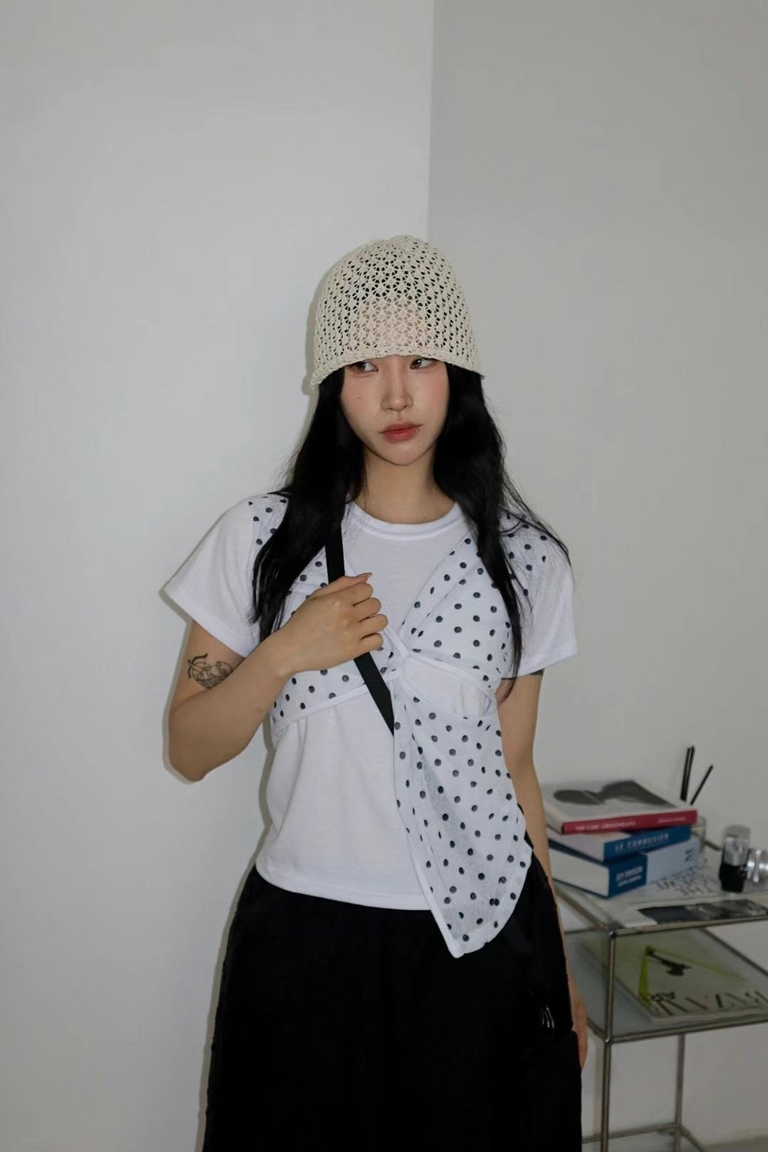 復古波點假兩件短袖 Polka Dot Faux Two-Piece Short Sleeve Top