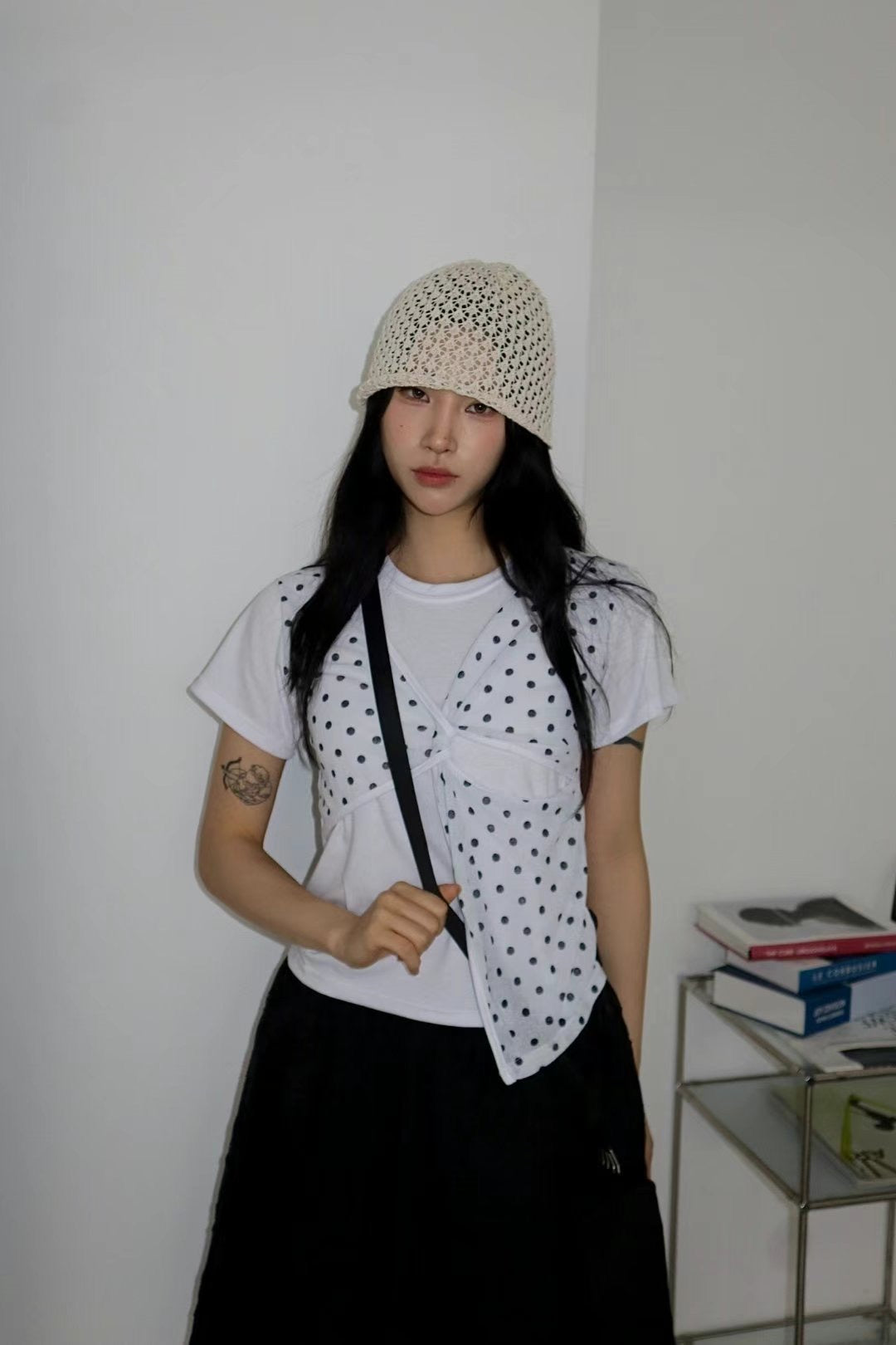 復古波點假兩件短袖 Polka Dot Faux Two-Piece Short Sleeve Top