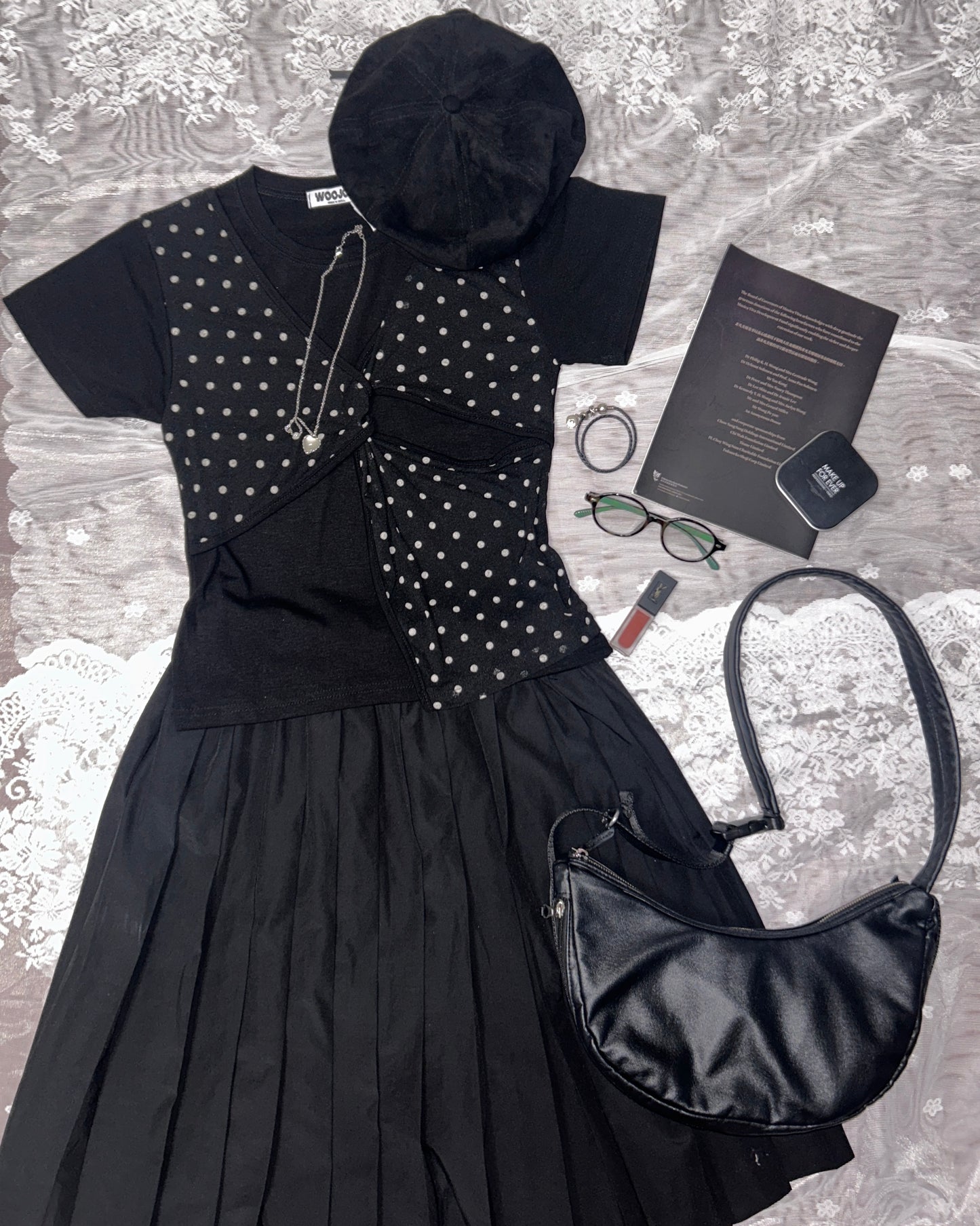 復古波點假兩件短袖 Polka Dot Faux Two-Piece Short Sleeve Top
