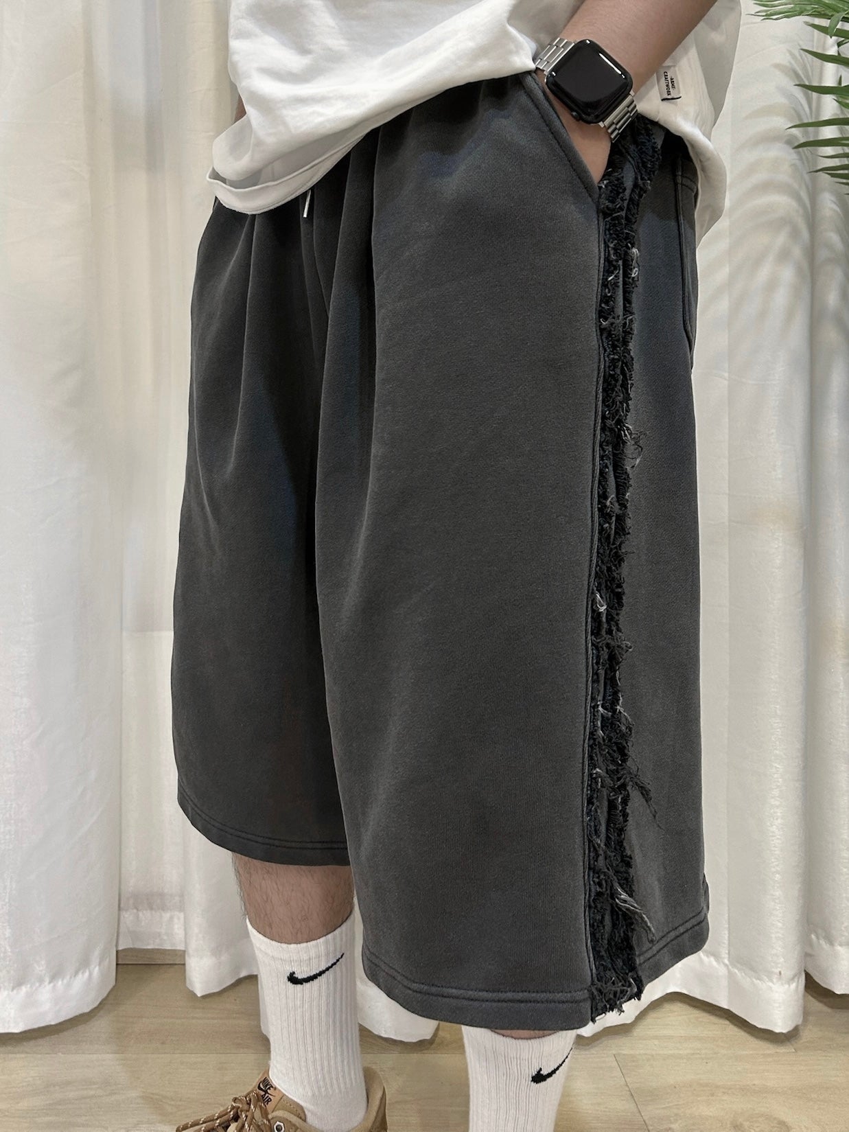 【Unisex】牛仔毛邊五分棉褲 Denim Raw Edge Cotton Trousers
