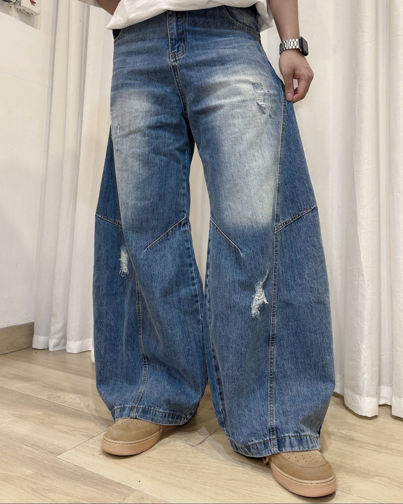 【Unisex】水洗彎刀牛仔褲 Washed High-rise Barrel-leg Jeans