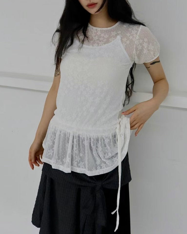 星星蕾絲透膚短袖罩衣 Star Lace Sheer Short Sleeve Top