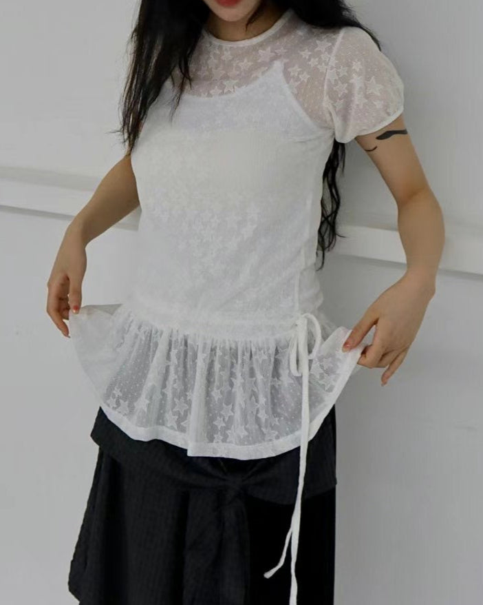 星星蕾絲透膚短袖罩衣 Star Lace Sheer Short Sleeve Top