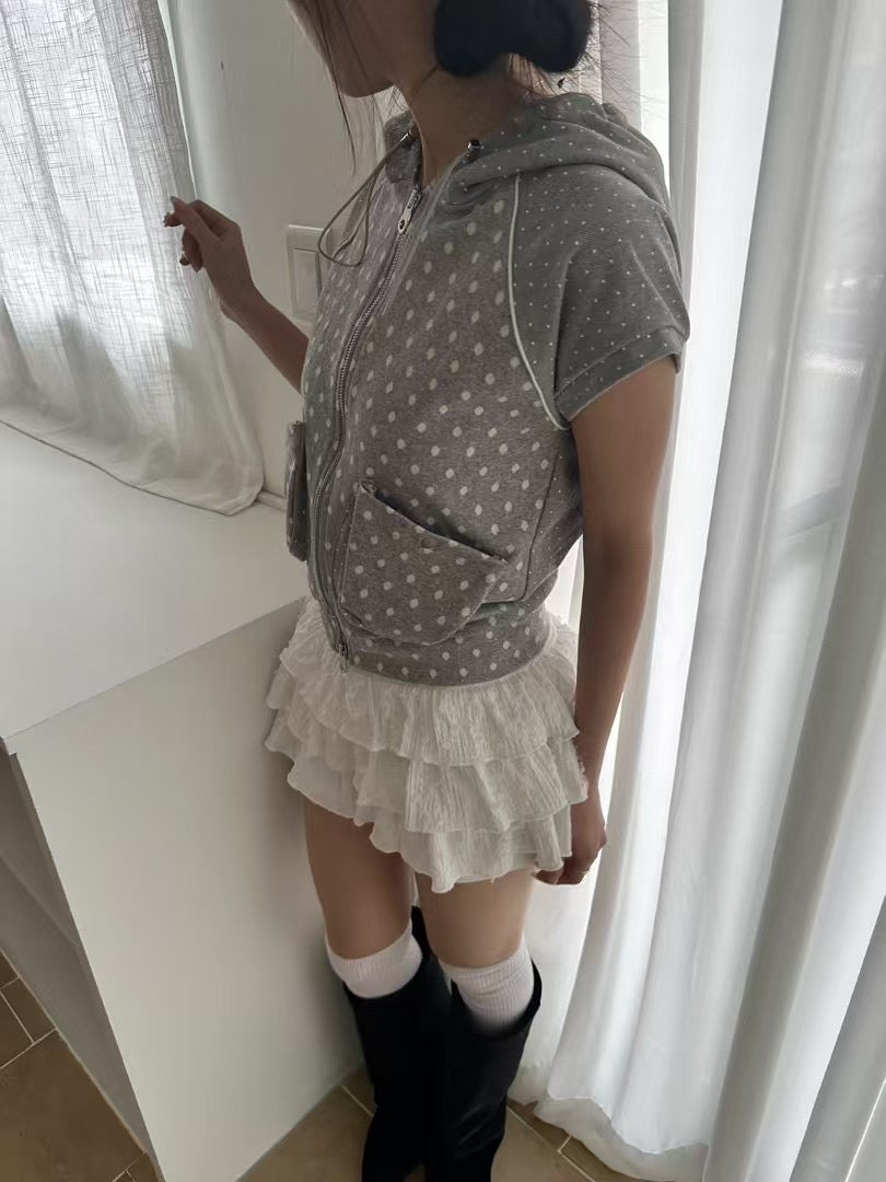 波點拉鍊連帽短袖 Polka Dot Zip-up Short Sleeve Hoodie