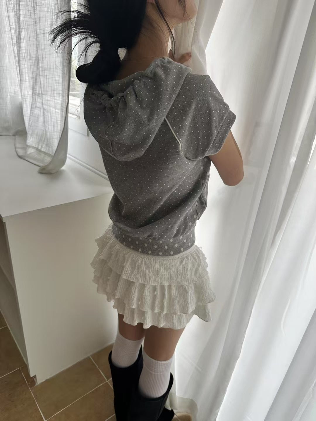波點拉鍊連帽短袖 Polka Dot Zip-up Short Sleeve Hoodie