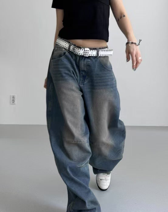 【Unisex】低腰水洗牛仔寬褲 Low-rise Washed Denim Wide pants