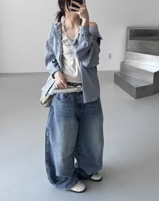 【Unisex】低腰水洗牛仔寬褲 Low-rise Washed Denim Wide pants
