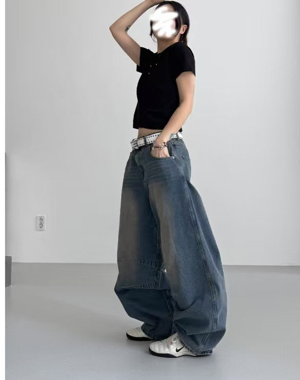 【Unisex】低腰水洗牛仔寬褲 Low-rise Washed Denim Wide pants