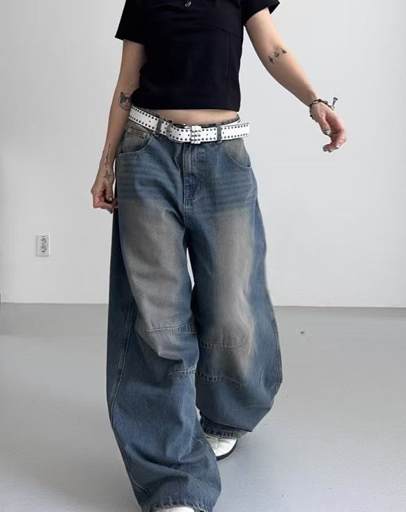【Unisex】低腰水洗牛仔寬褲 Low-rise Washed Denim Wide pants
