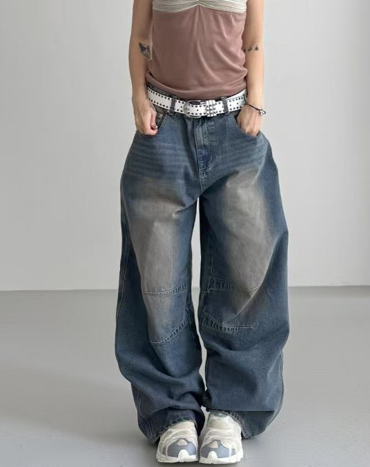【Unisex】低腰水洗牛仔寬褲 Low-rise Washed Denim Wide pants