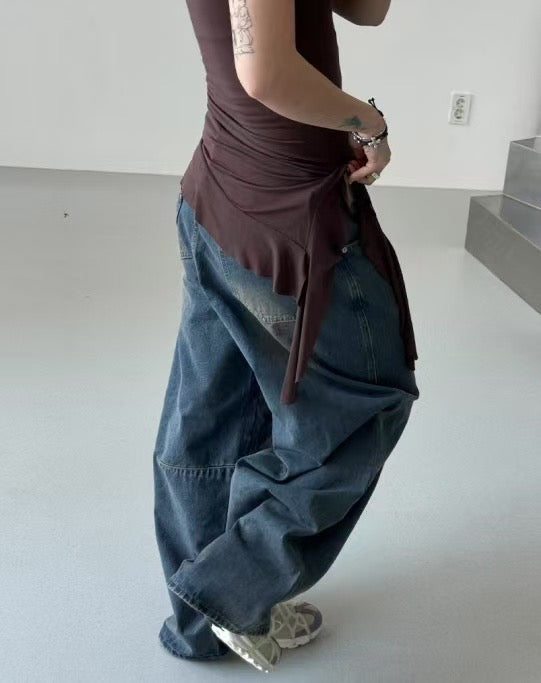 【Unisex】低腰水洗牛仔寬褲 Low-rise Washed Denim Wide pants