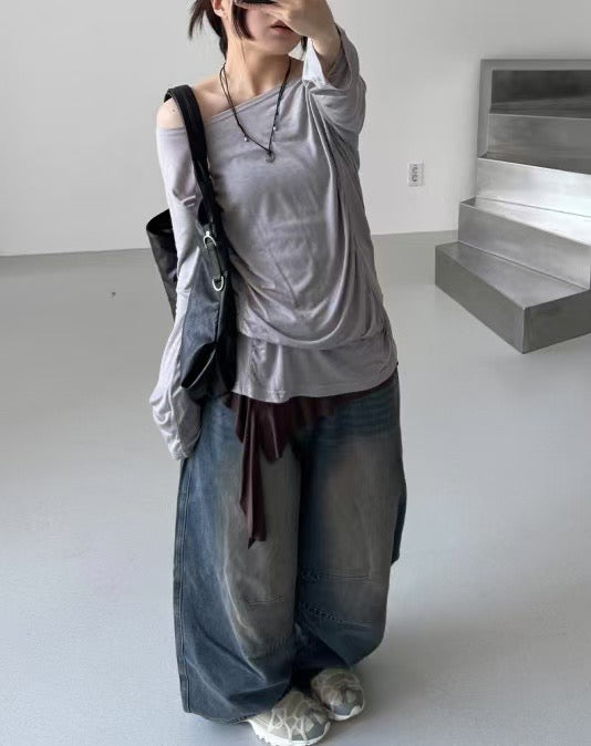 【Unisex】低腰水洗牛仔寬褲 Low-rise Washed Denim Wide pants