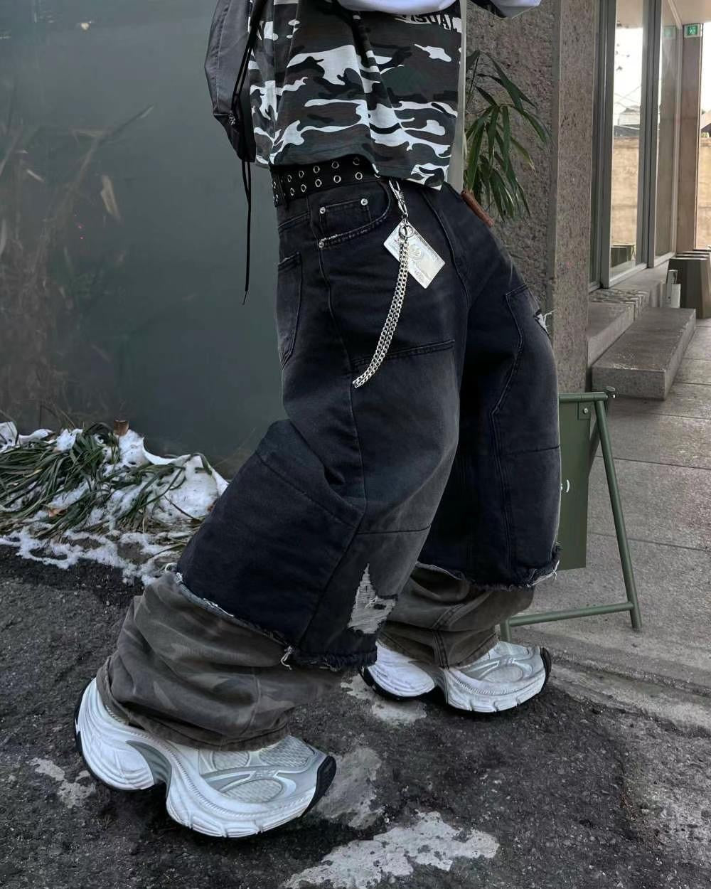 【Unisex】迷彩拼接牛仔寬褲 Camouflage Patchwork Denim Wide Pants