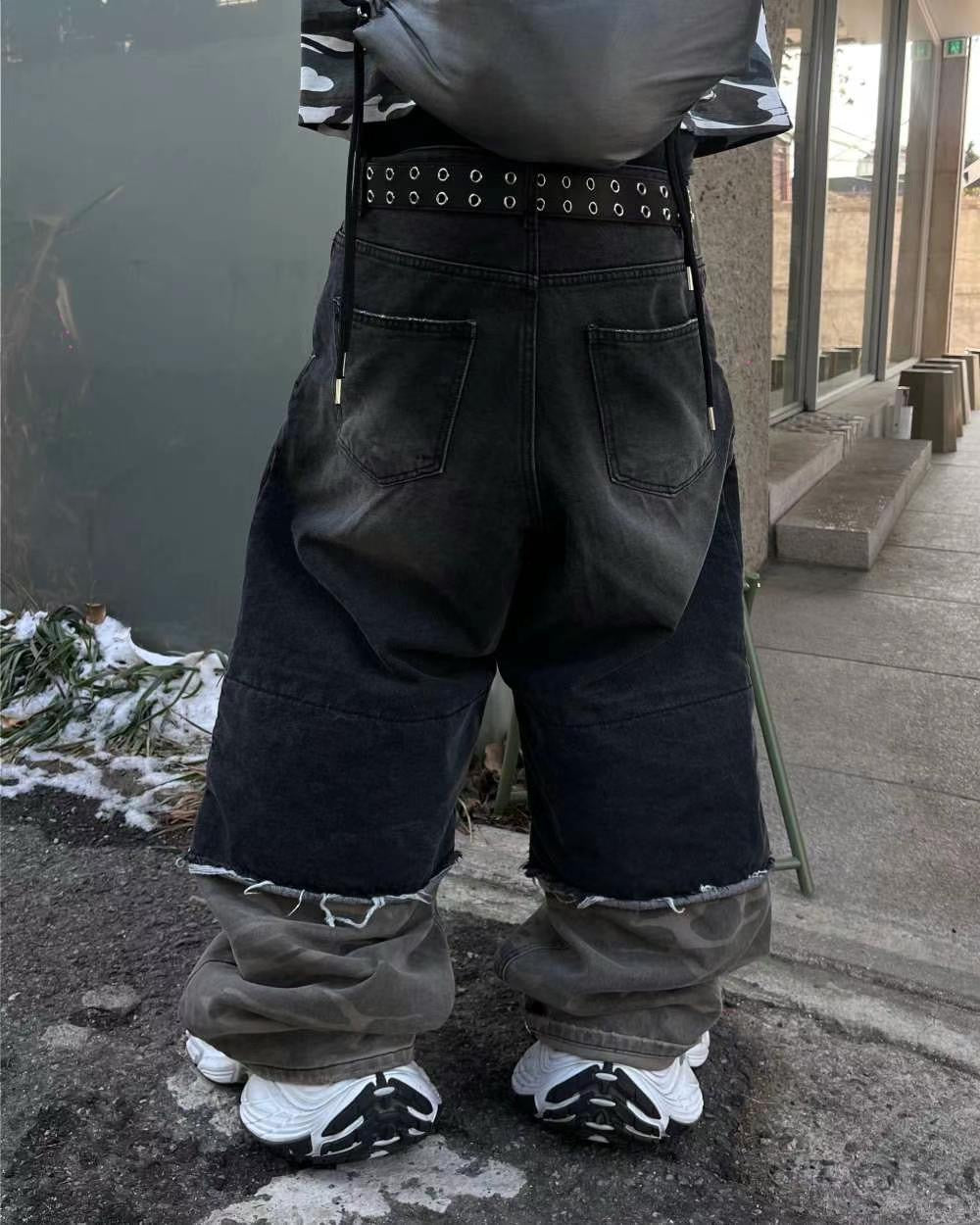 【Unisex】迷彩拼接牛仔寬褲 Camouflage Patchwork Denim Wide Pants