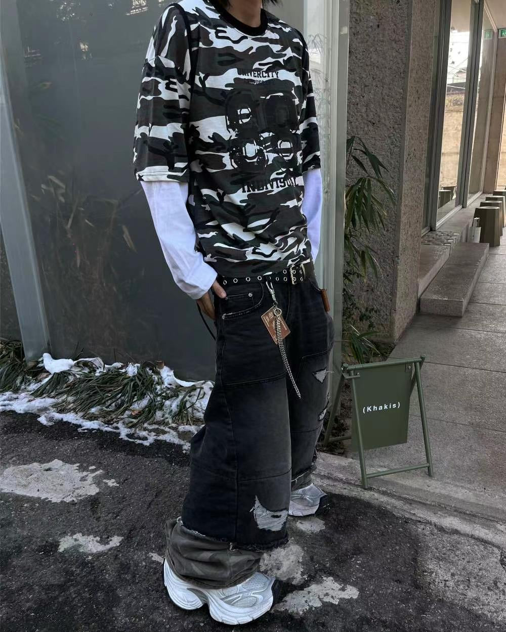 【Unisex】迷彩拼接牛仔寬褲 Camouflage Patchwork Denim Wide Pants