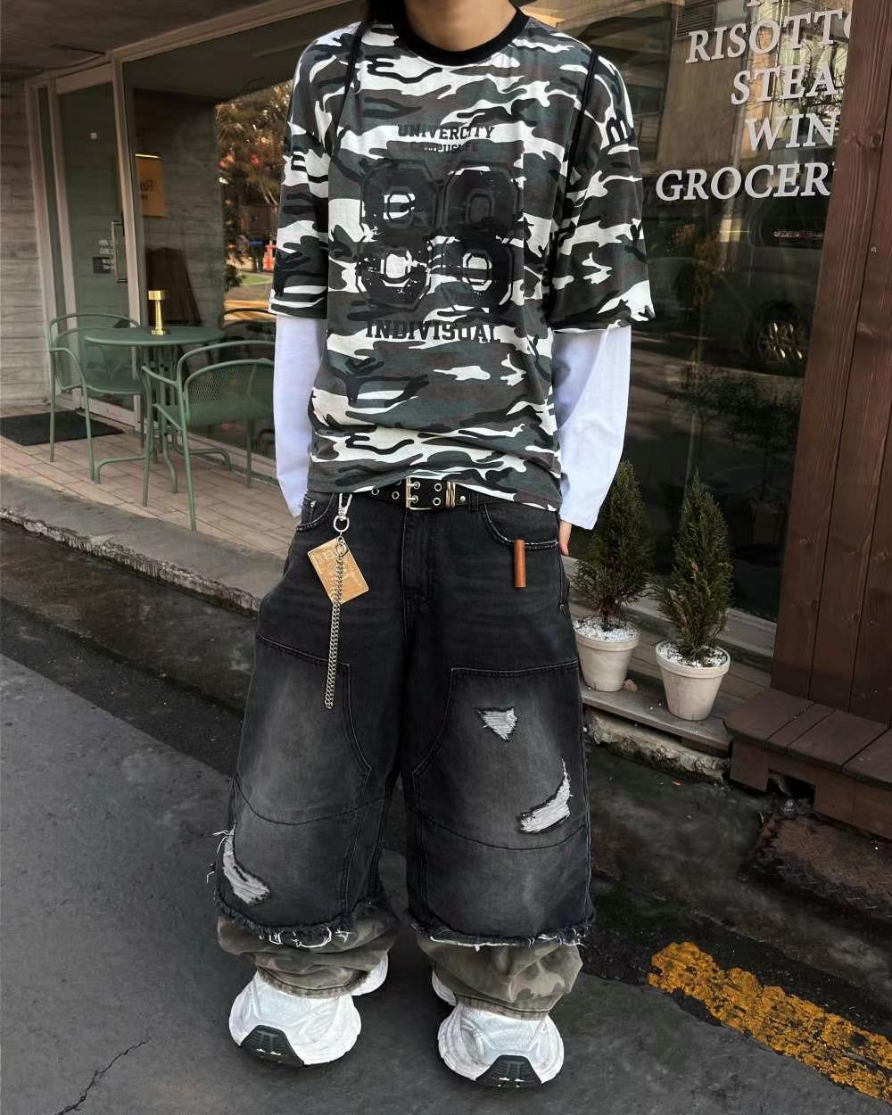 【Unisex】迷彩拼接牛仔寬褲 Camouflage Patchwork Denim Wide Pants