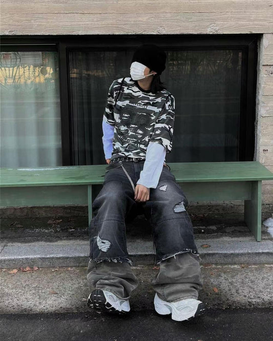 【Unisex】迷彩拼接牛仔寬褲 Camouflage Patchwork Denim Wide Pants